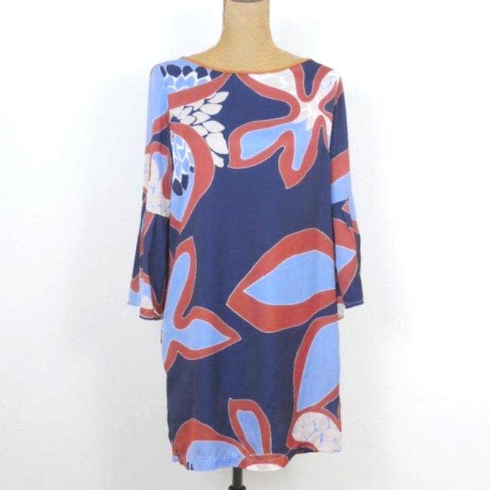 Gabriel Blue Brown Tan Retro 60's Floral Bell Sleeve SZ Med. Groovy Shift Dress